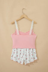Pink Ribbed Knit Lace Straps Patchwork Lettuce Hem Cropped Top Floral Short Lounge Set