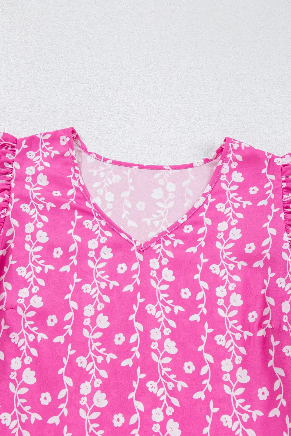 Pink Floral Print Ric-rac Tiered Ruffled V Neck Blouse