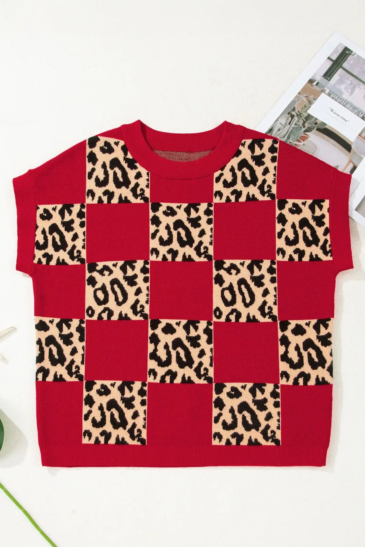 Red Leopard Checkerboard Short Sleeve Knit Sweater