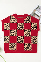 Red Leopard Checkerboard Short Sleeve Knit Sweater