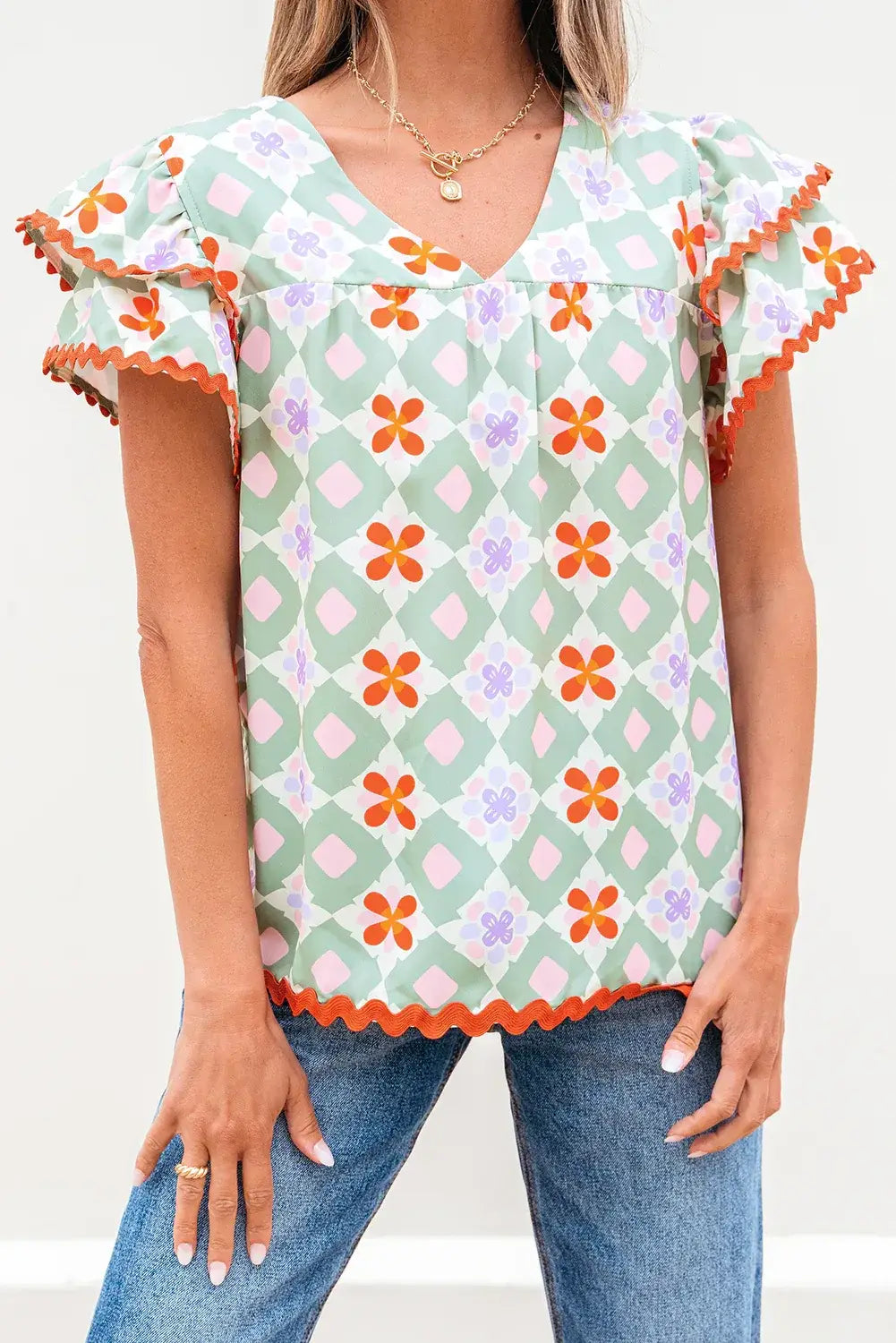 Green Geometric Floral Print Layered Flutter Sleeve V Neck Ric Rac Trim Blouse