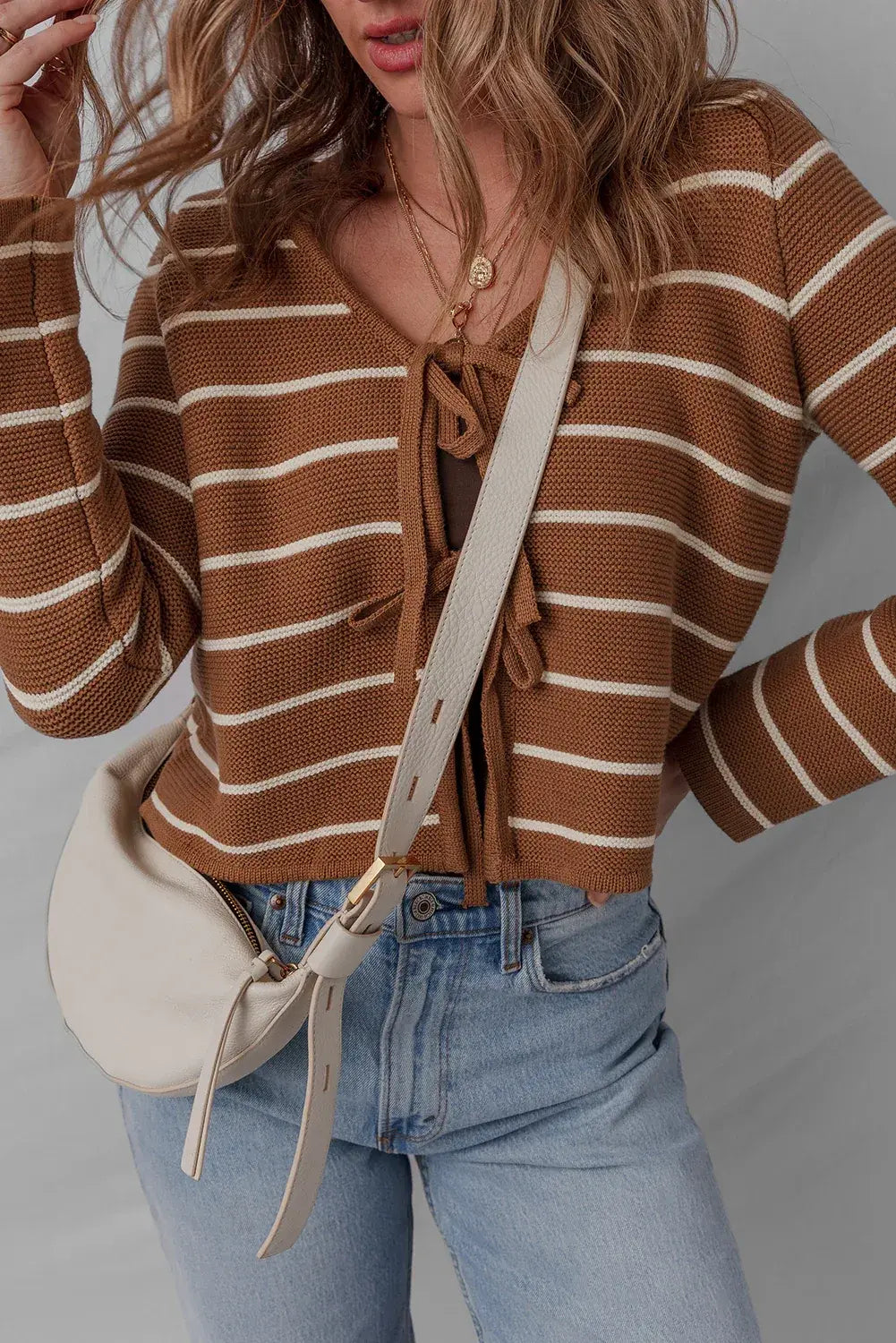 Chestnut Tie Front Striped Knit V Neck Cardigan Sweater