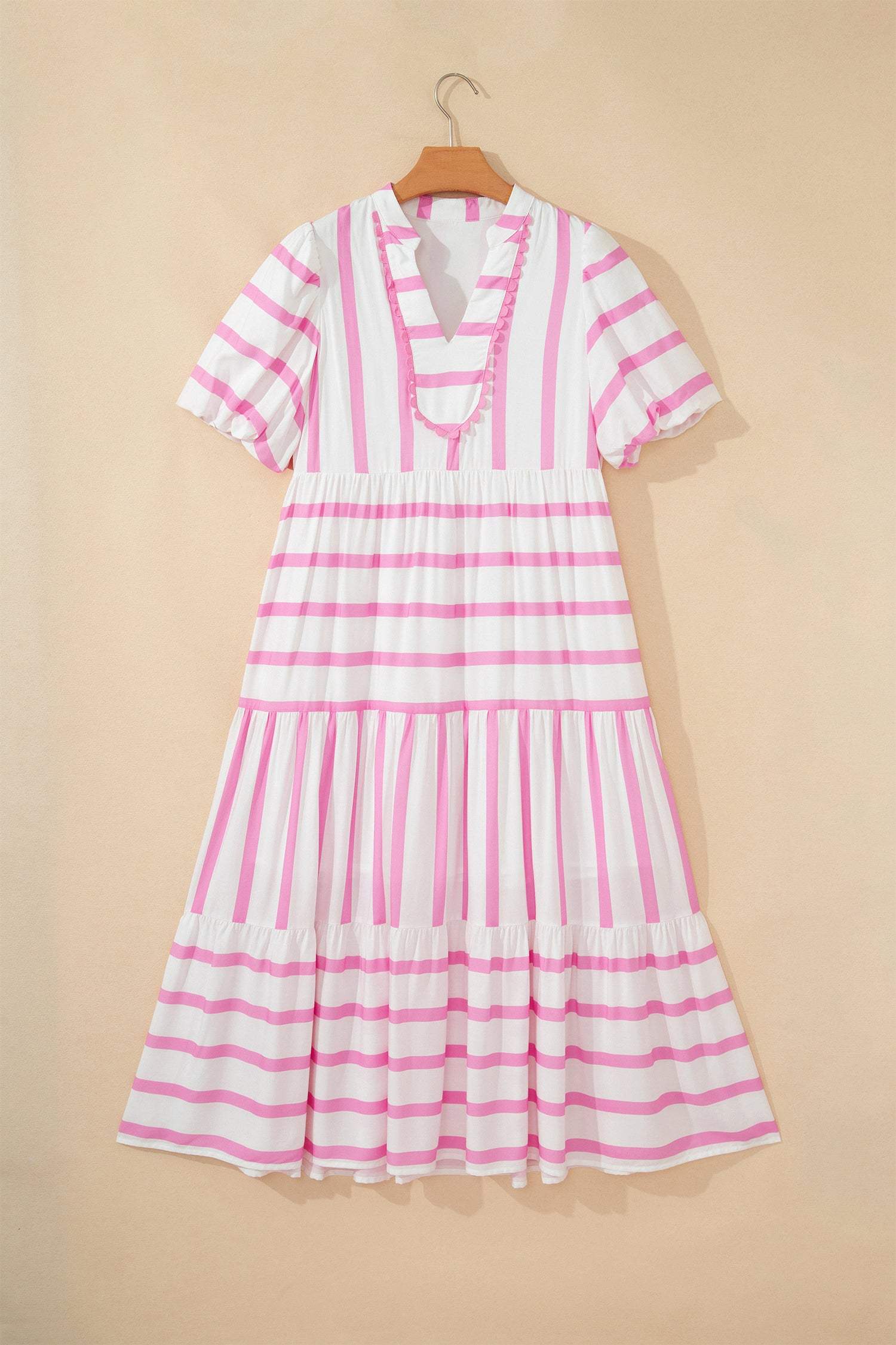 Pink Stripe Ricrac Trim Notched Neck Half Sleeve Vacation Dress