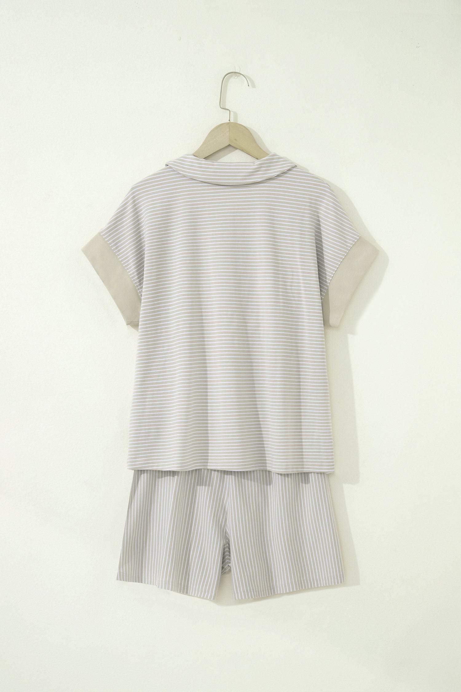 Khaki Stripe Dolman Sleeve Polo Shirt and Drawstring Shorts Set