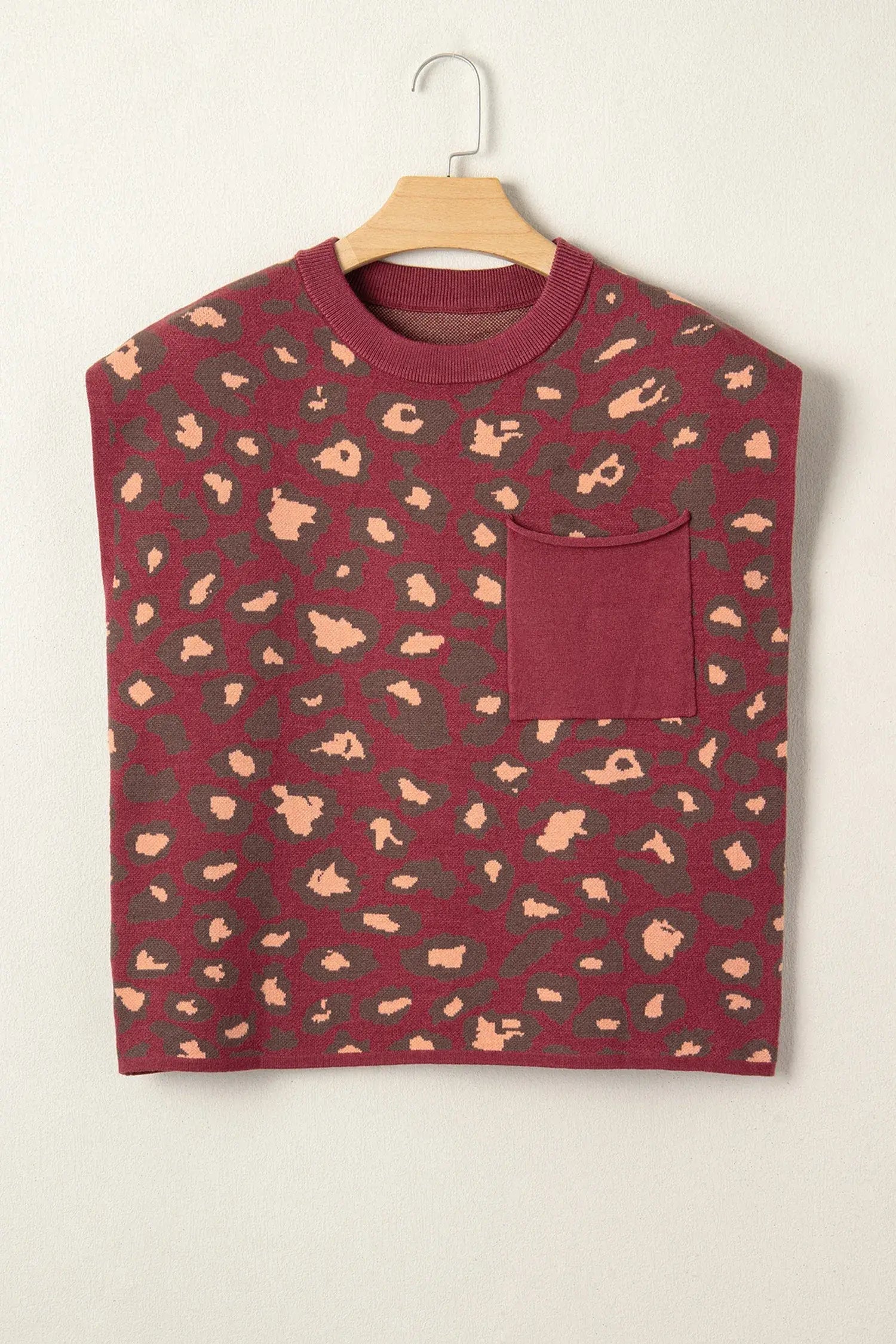 Red Leopard Print Cap Sleeve Knitted Top