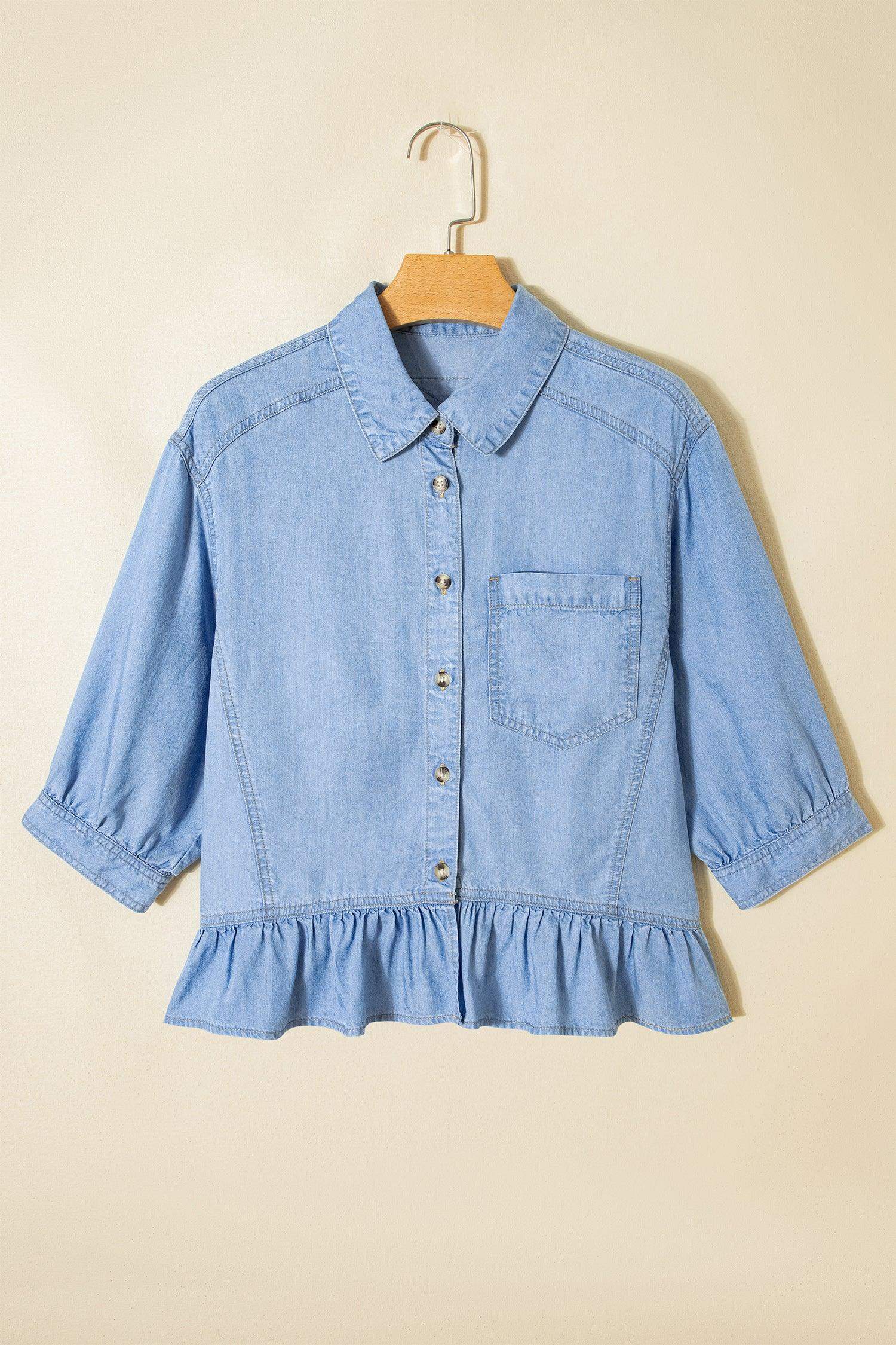 Beau Blue Half Sleeve Button Down Ruffled High Low Chambray Shirt