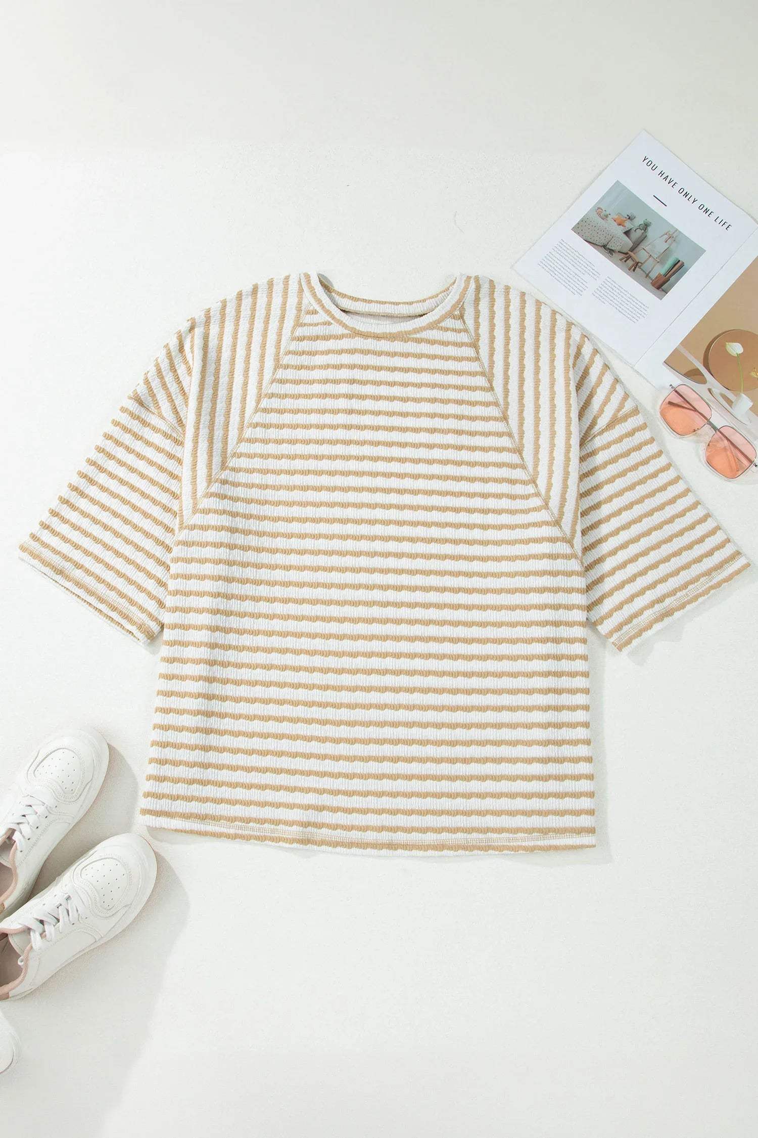 Apricot Stripe Plus Size Textured Patchwork Detail Half Sleeve Top