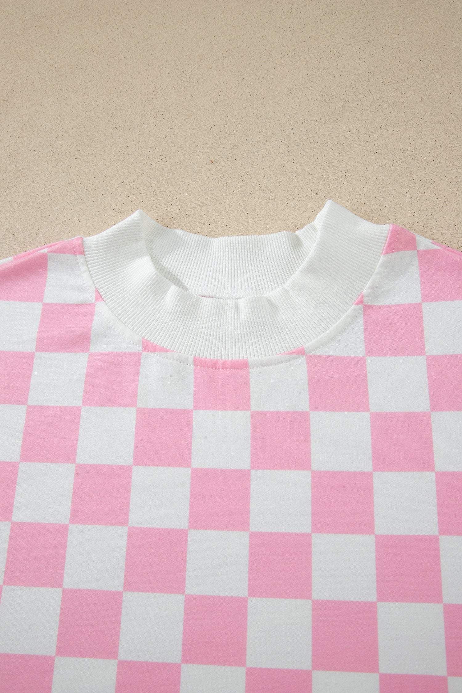 Black Checkered Print Color Block Trim Mock Neck Short Set
