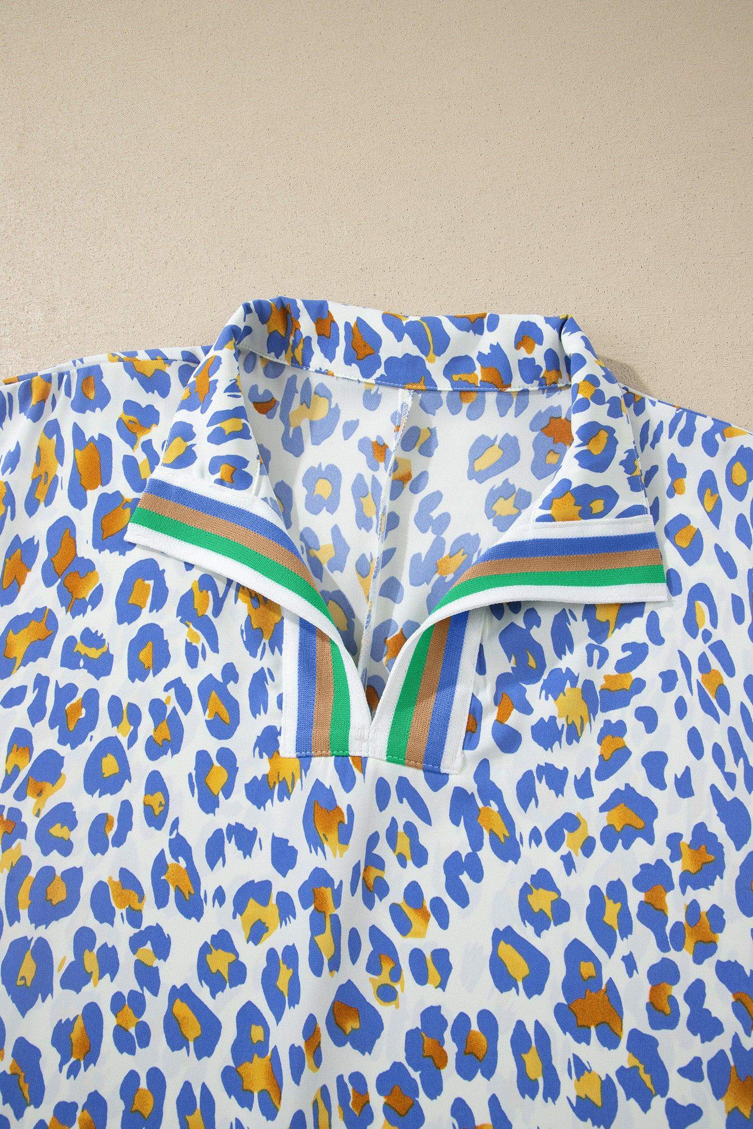 Sky Blue Leopard Color Block Contrast Striped V Neck Half Sleeve Loose Fit Blouse