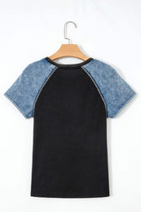 Carbon Grey Waffle Knit Seam Detail Color Block Patchwork Short Sleeve Top