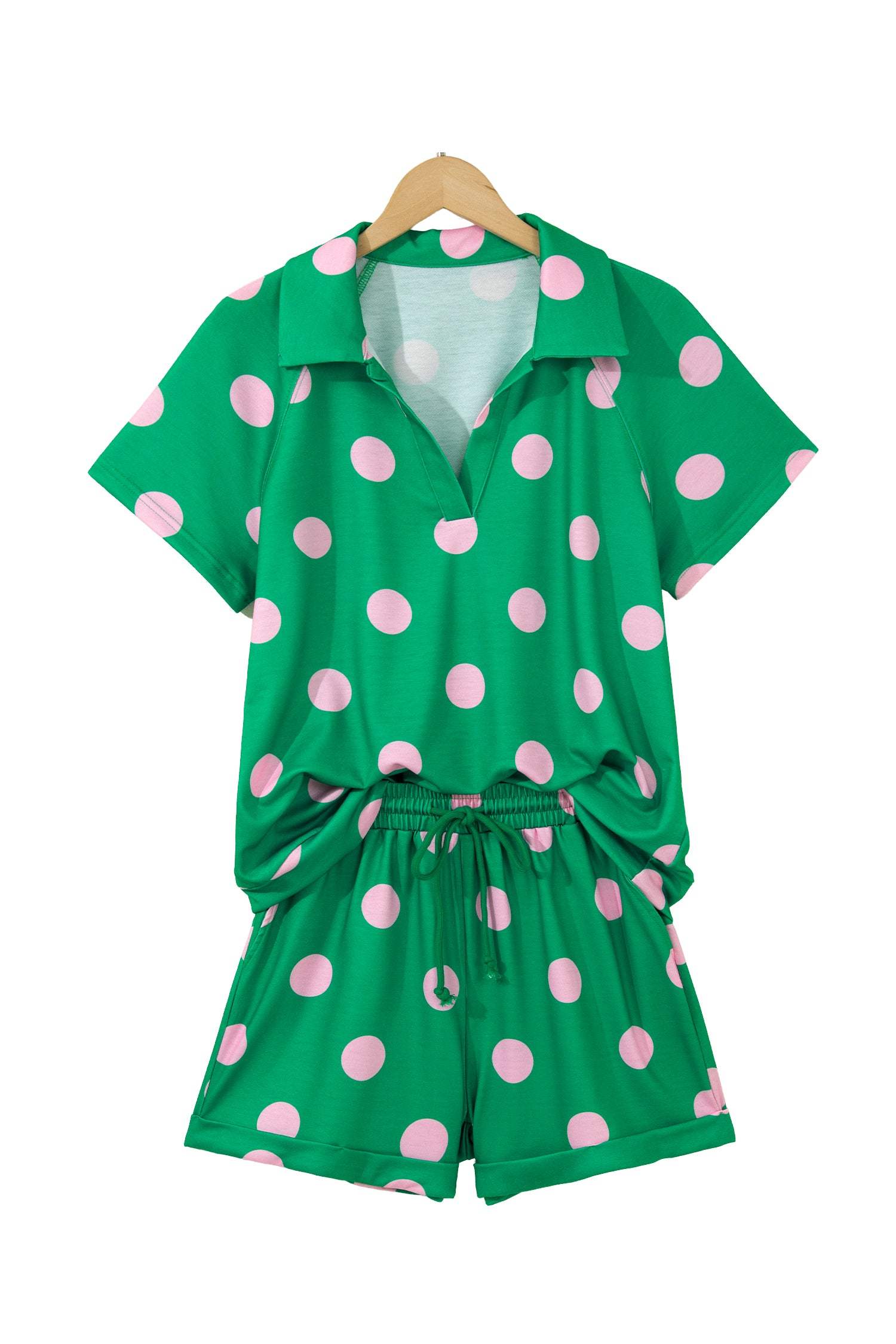 Green Polka Dot Print V Neck Tee Short Set