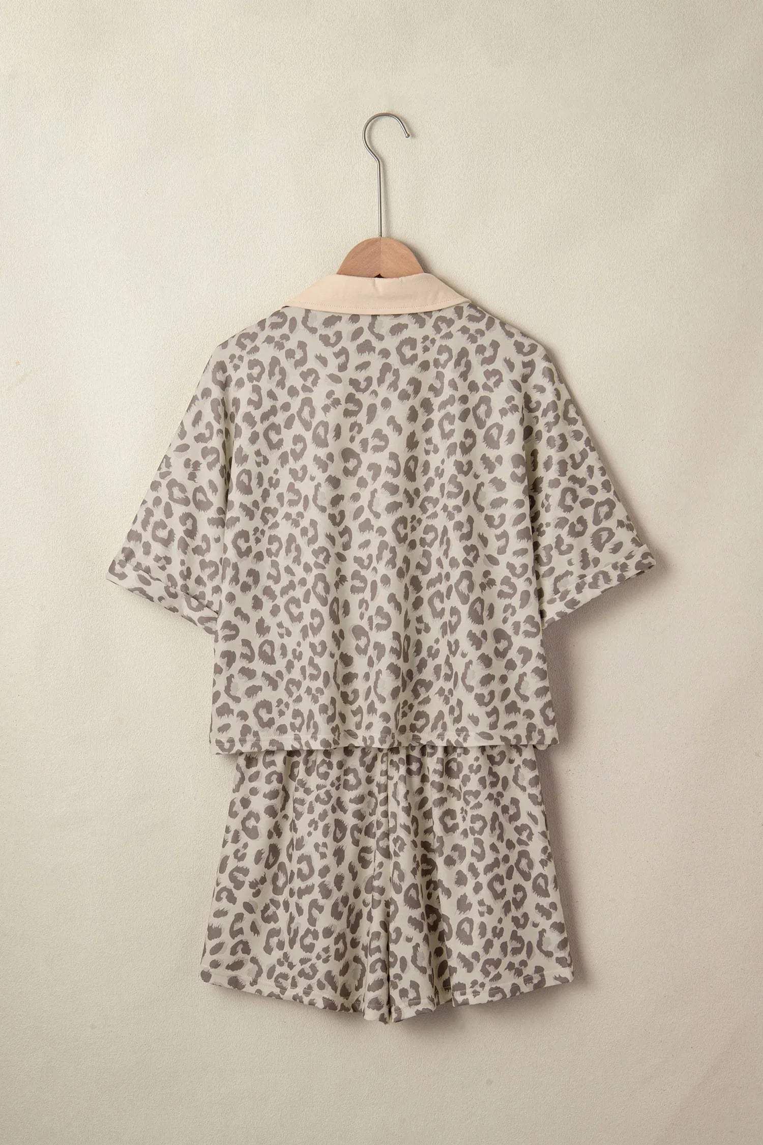 Khaki V Neck Collar Leopard Printed 2pcs Short Set