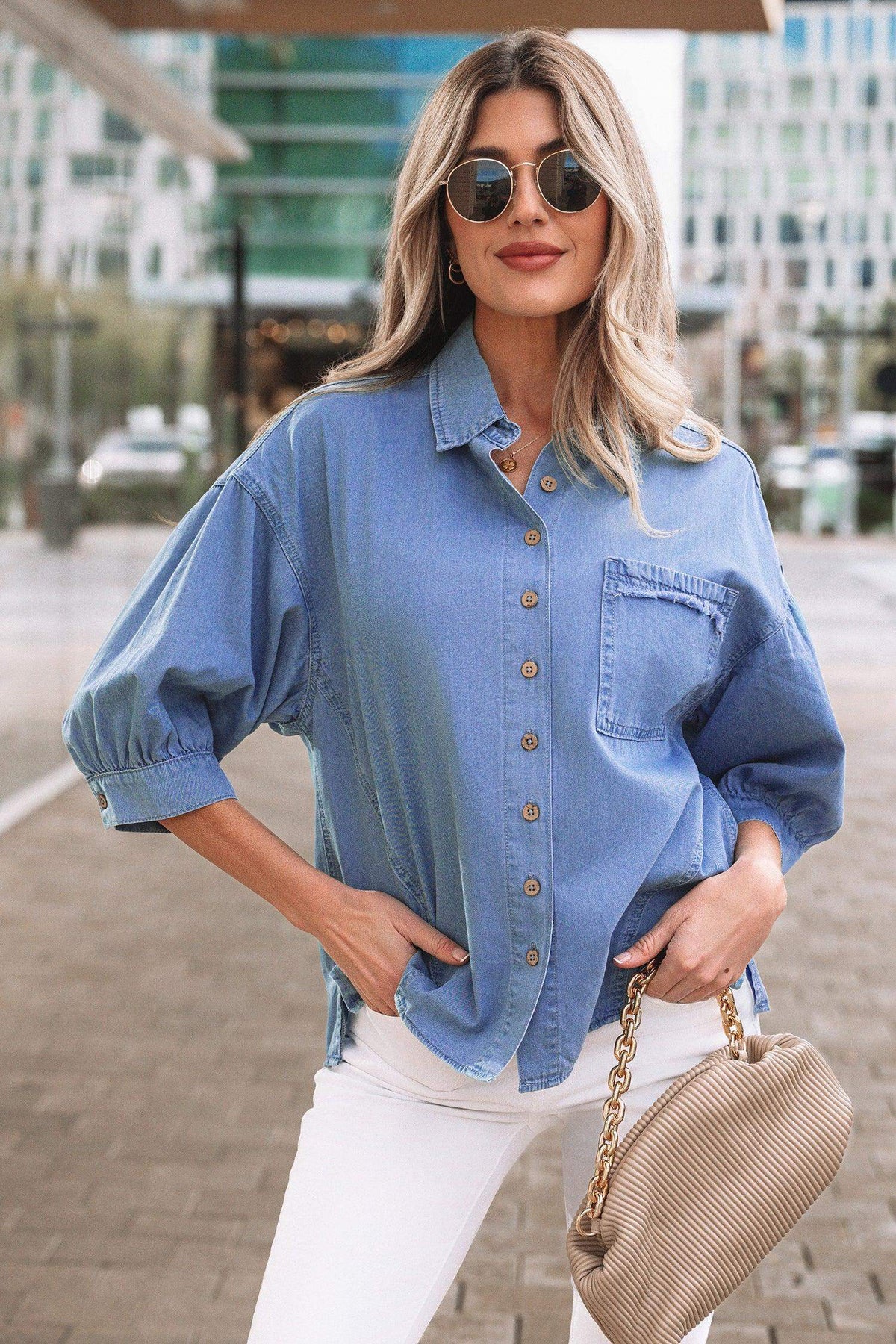 Myosotis Washed Drop Shoulder Bracelet Sleeve Chambray Shirt