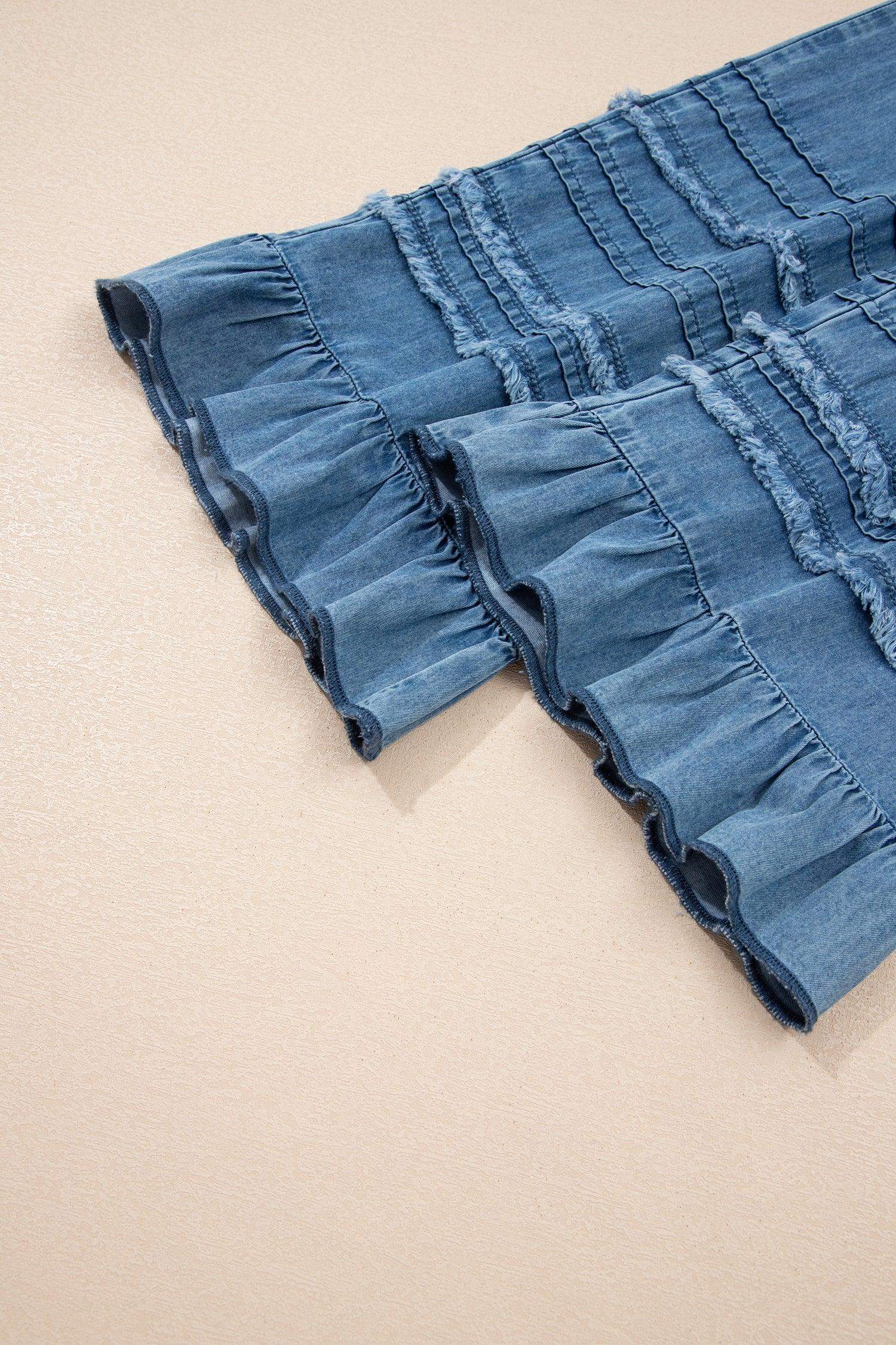 Dusk Blue Ruffled Hem Wide Leg Chambray Pants