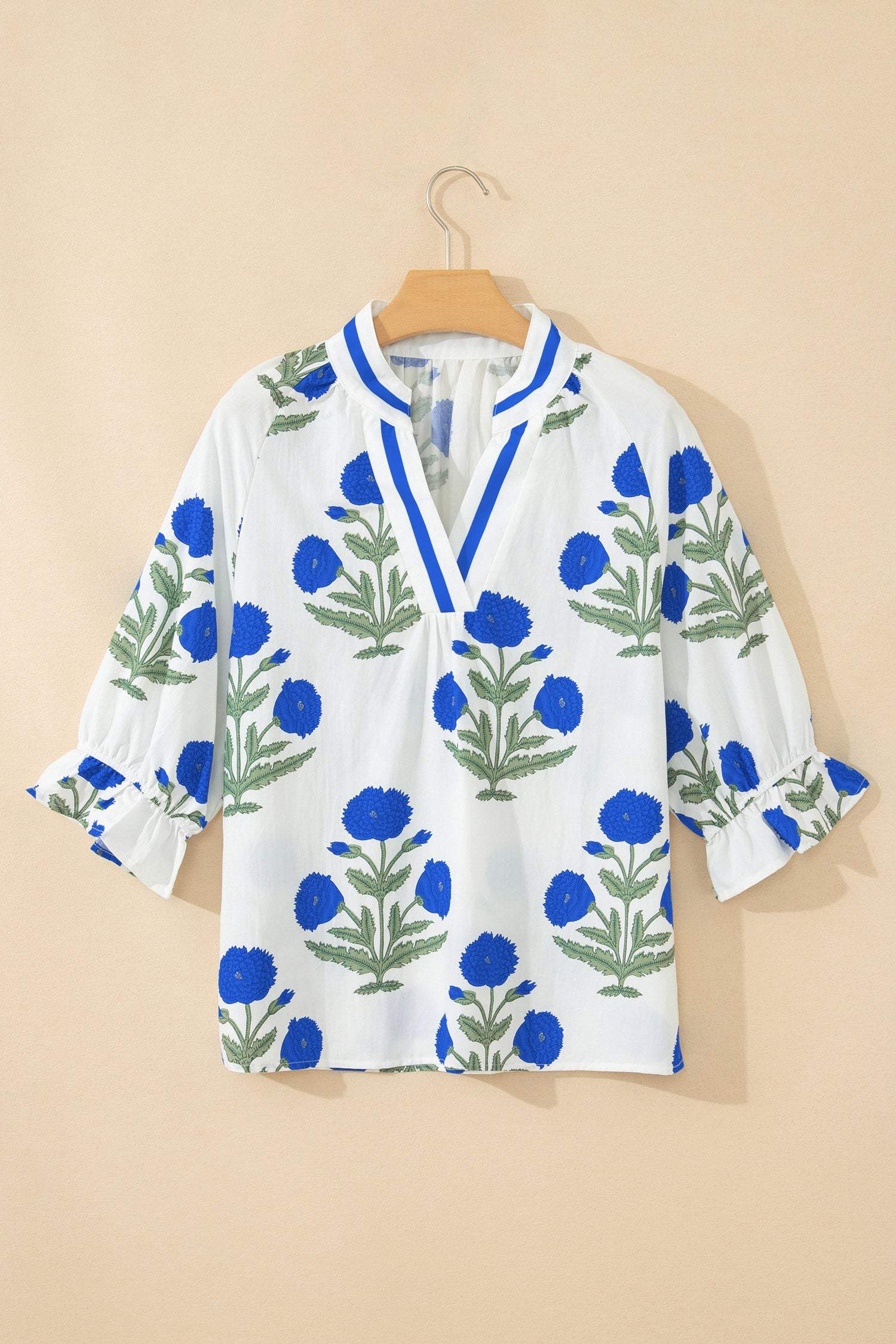Green Casual Wild Flower Print V Neck 3/4 Sleeve Blouse