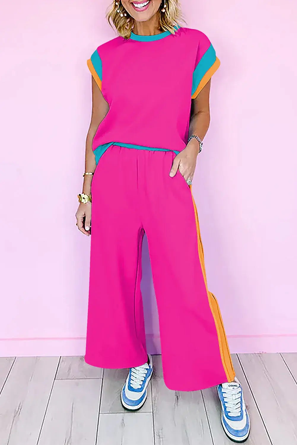 Dark Green Color Block Detail Casual Two-piece Set