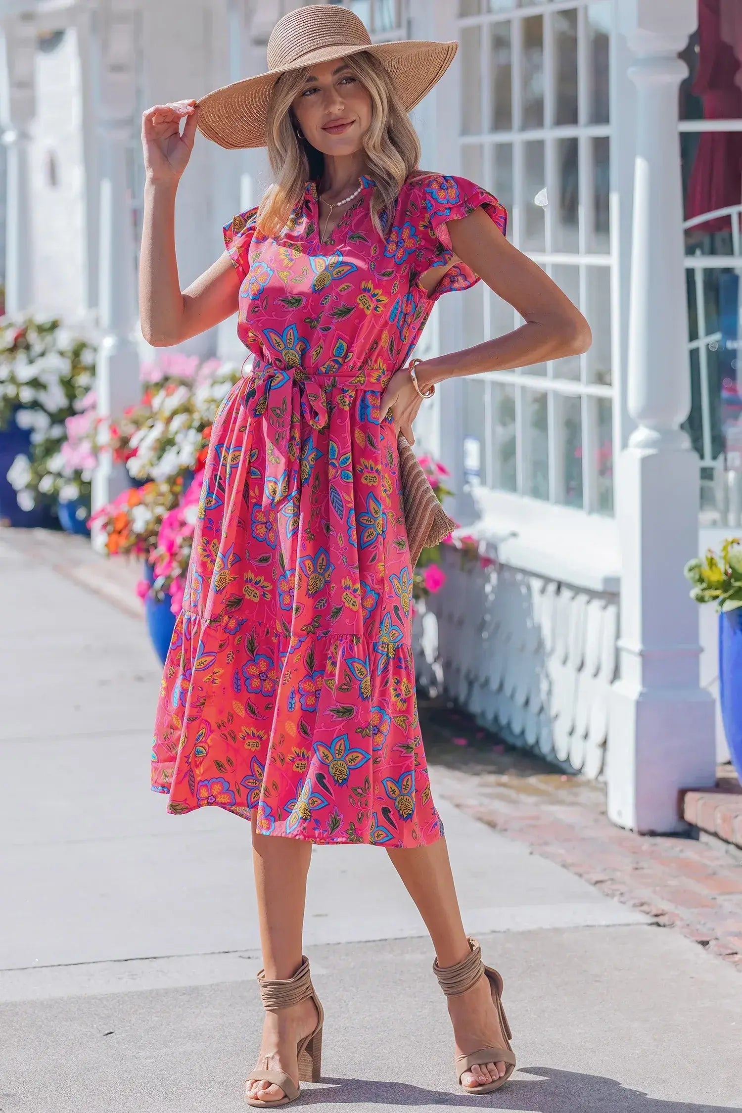 Rose Flutter Sleeve Belted Floral Long Dress