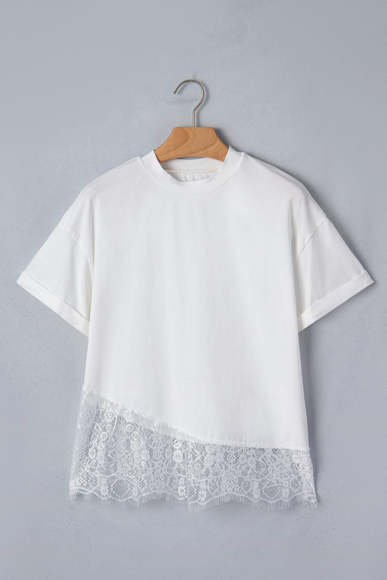White Asymmetric Lace Hem Patchwork Tee