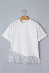 White Asymmetric Lace Hem Patchwork Tee