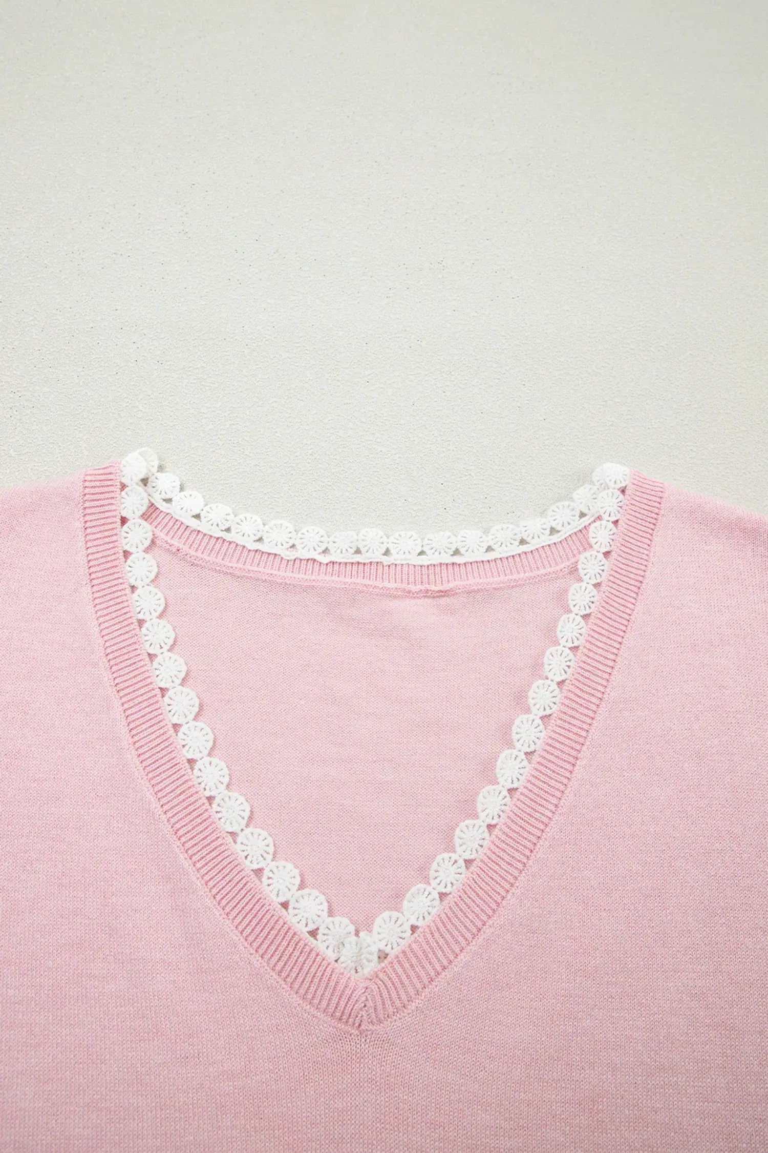 Strawberry Pink Lacy V Neckline Short Sleeve Sweater