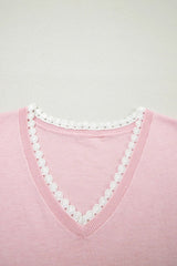 Strawberry Pink Lacy V Neckline Short Sleeve Sweater
