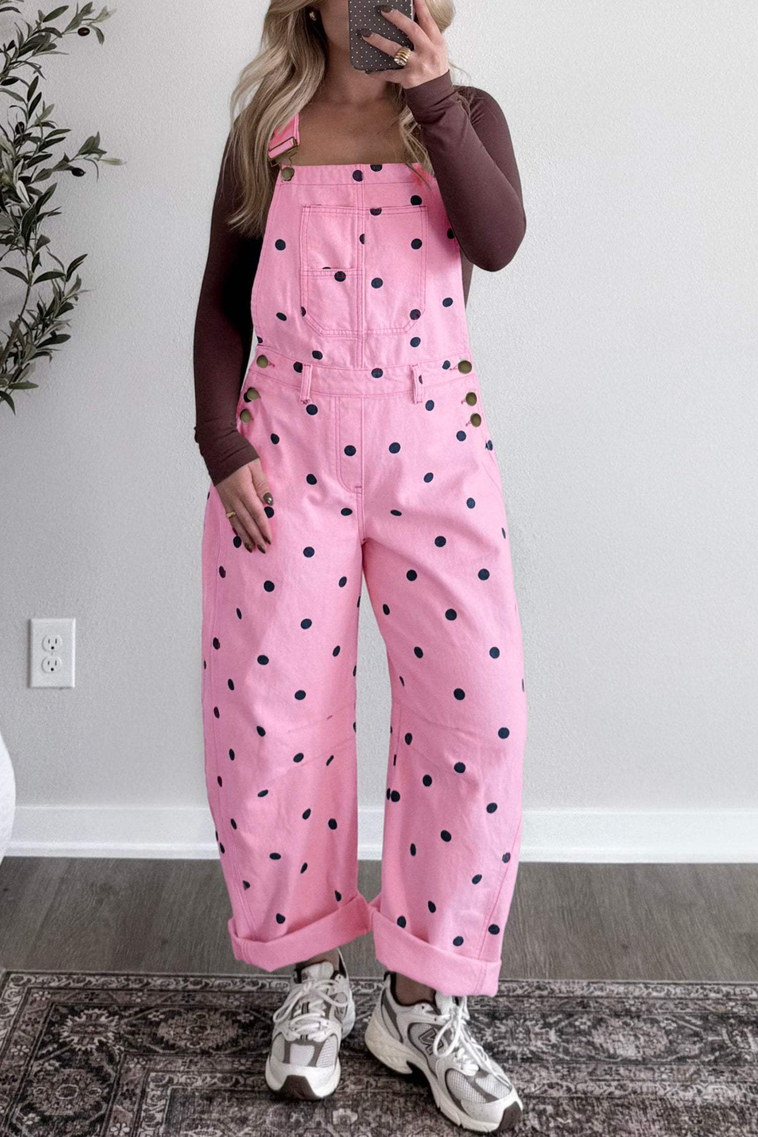 Light French Beige Polka Dot Print Bib Pocket Denim Barrel Overalls Jumpsuit