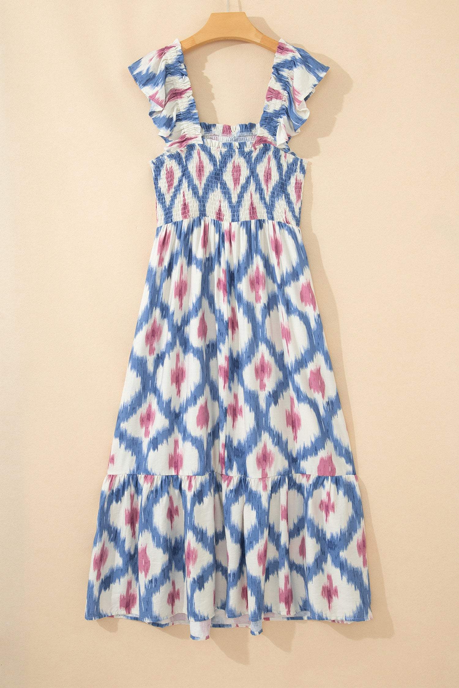 Sky Blue Ethnic Geometric Print Square Neck Smocked High Waist Ruffle Sleeve Dress