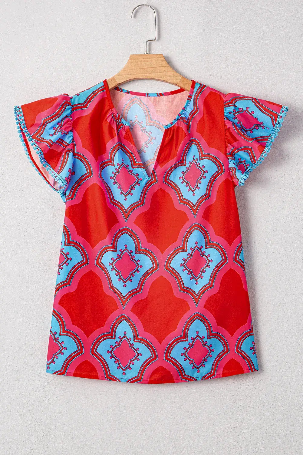 Red Abstract Floral Print Trimmed Flutter Sleeve Blouse