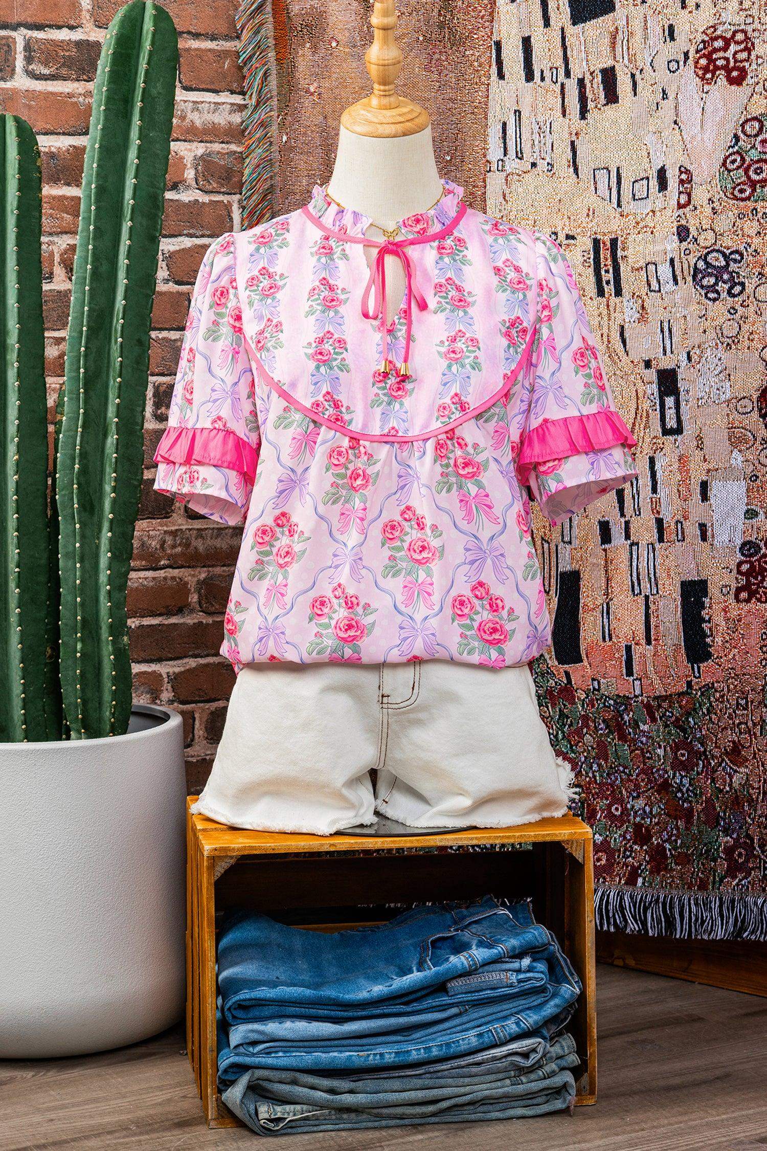 Purple Coquette Floral Bow Printed Contrast Ruffled Short Sleeve Blouse