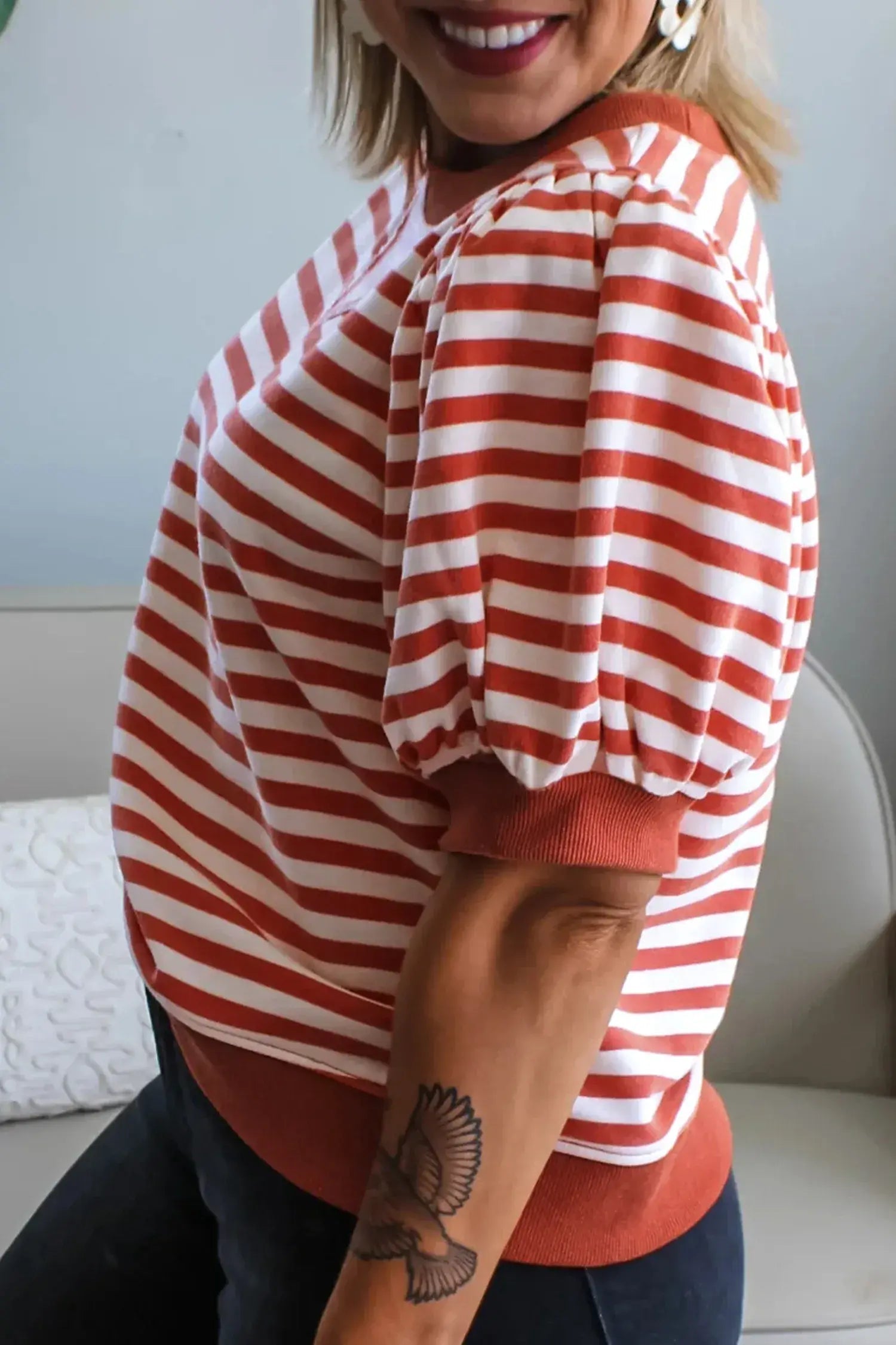 Khaki Stripe Short Bubble Sleeve T Shirt
