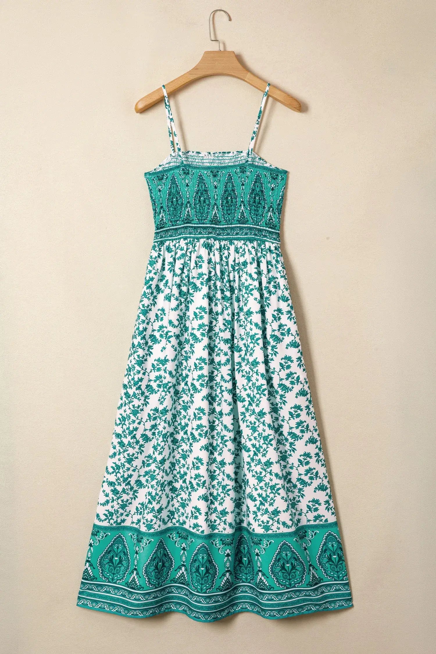 Green Boho Floral Print Shirred Cami Maxi Dress