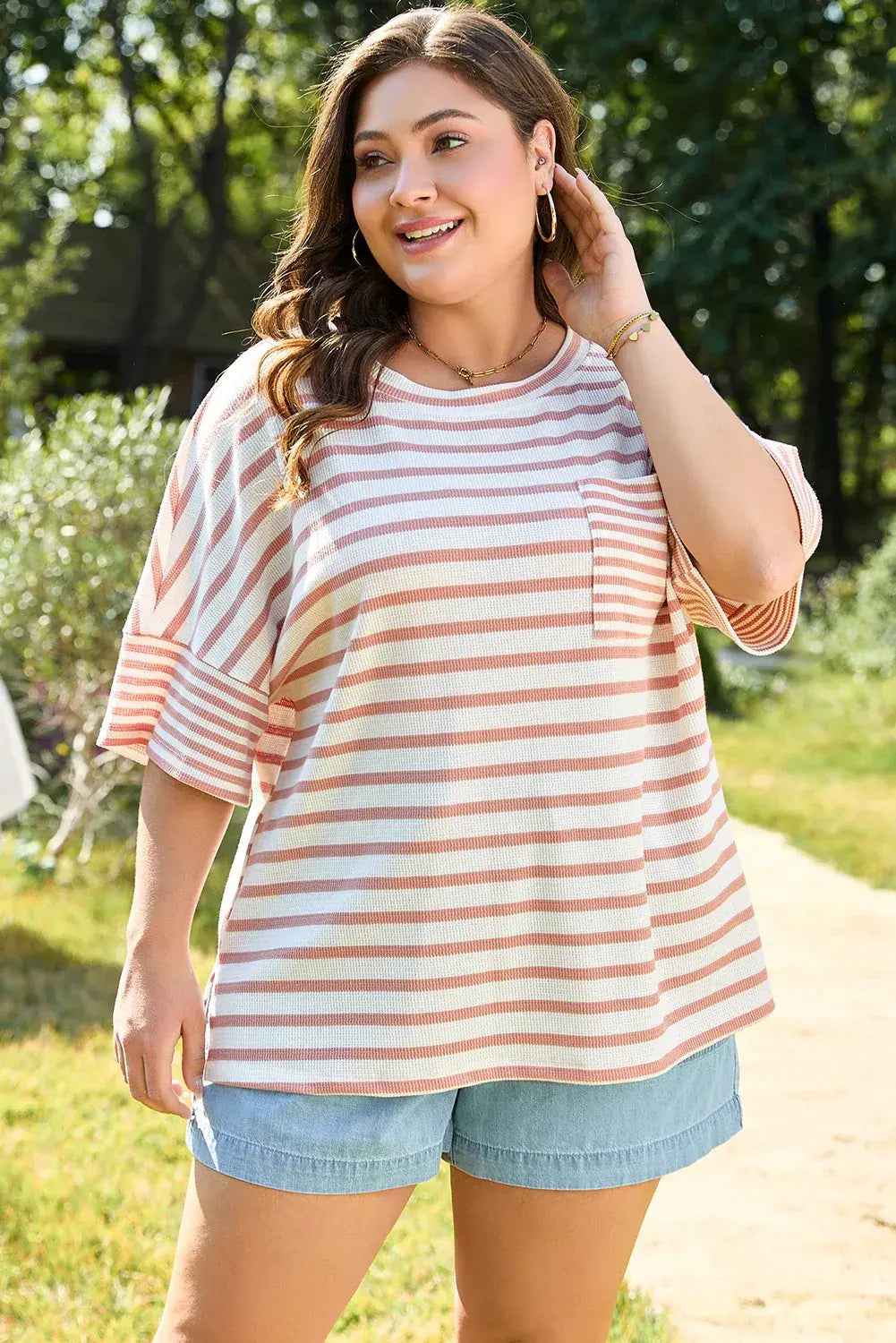 Pink Stripe Waffle Knit Pocketed Half Sleeve Plus Size T Shirt