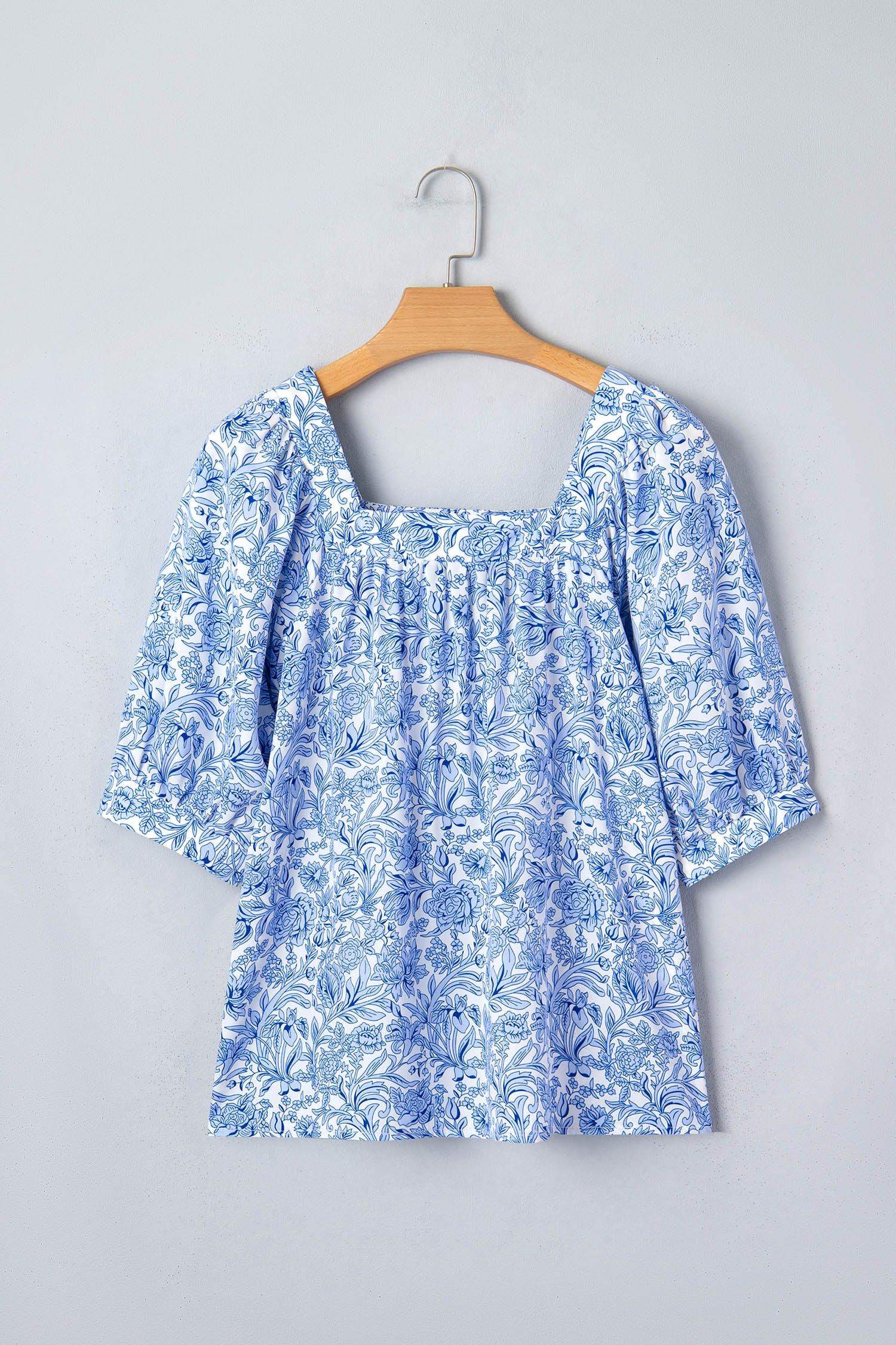 Sky Blue Square Neck Short Puff Sleeve Pleated Floral Blouse