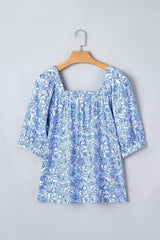 Sky Blue Square Neck Short Puff Sleeve Pleated Floral Blouse