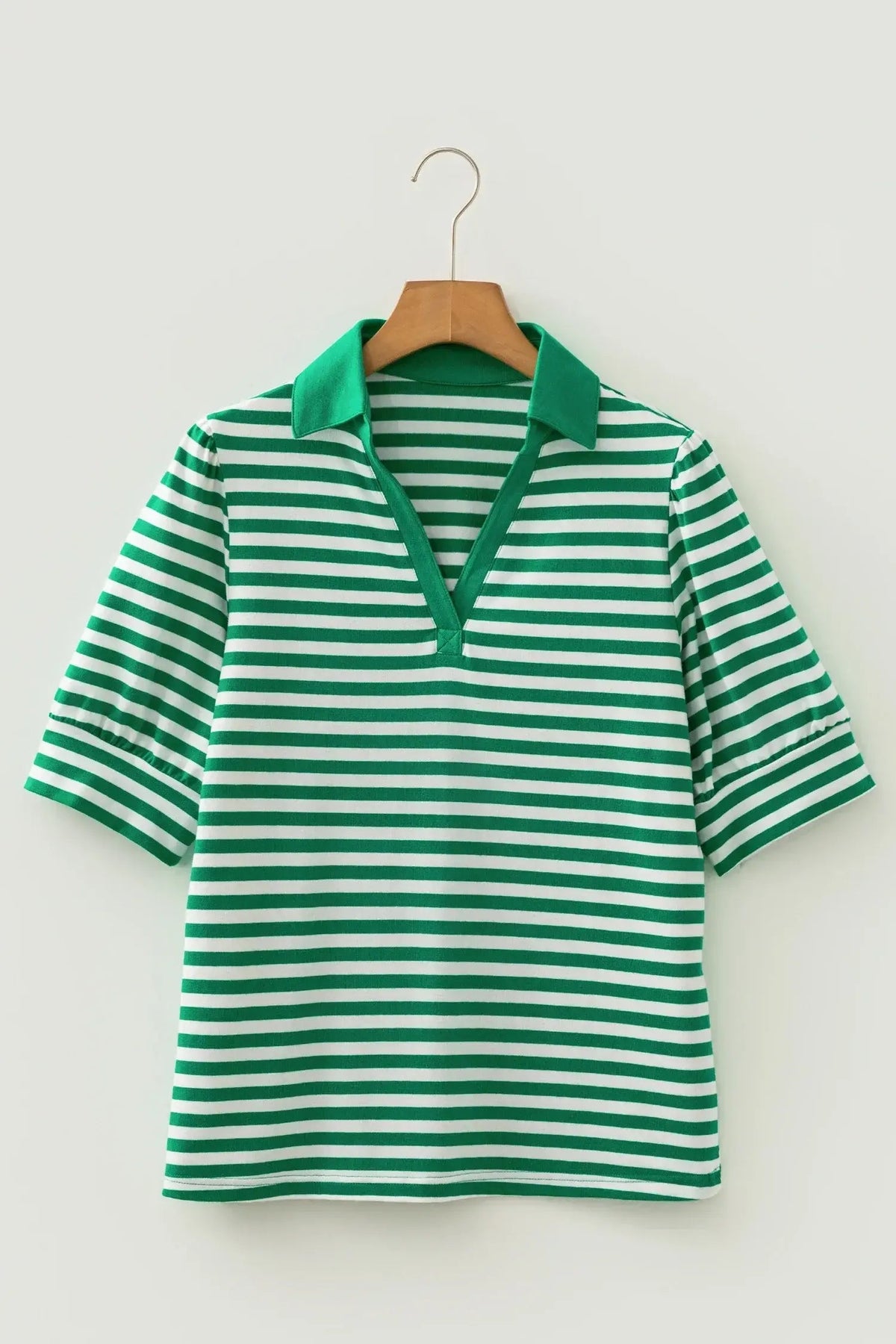 Green Stripe Collared V Neck Short Puff Sleeve Top