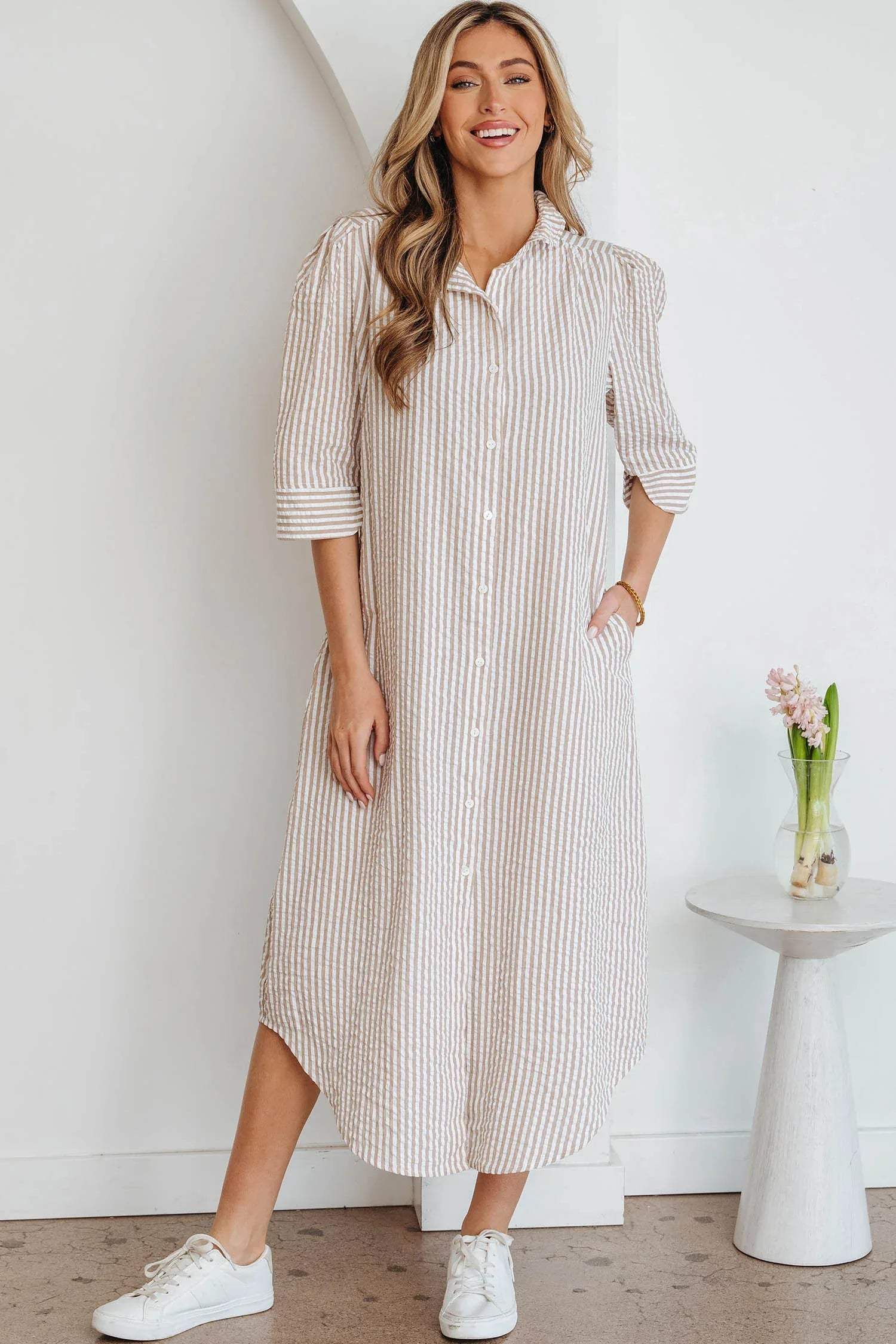 Khaki Stripe Frilled Collar Half Sleeve Shirt Maxi Dress