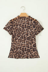 Camel Leopard Printed Mesh Short Sleeve Top