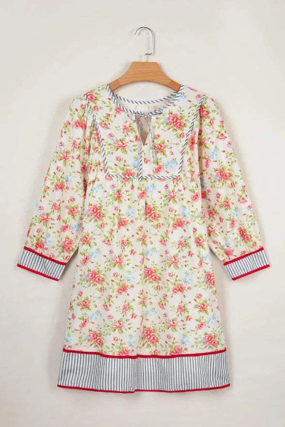 Apricot Striped Edge 3/4 Puff Sleeve Floral Dress
