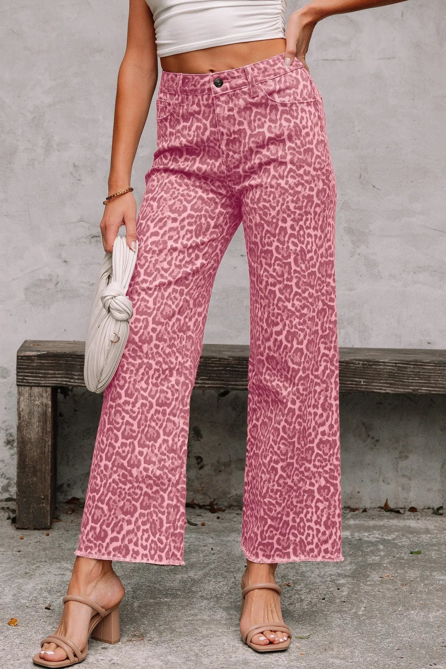 Gray Leopard Frayed Edge Wide Leg High Waist Jeans