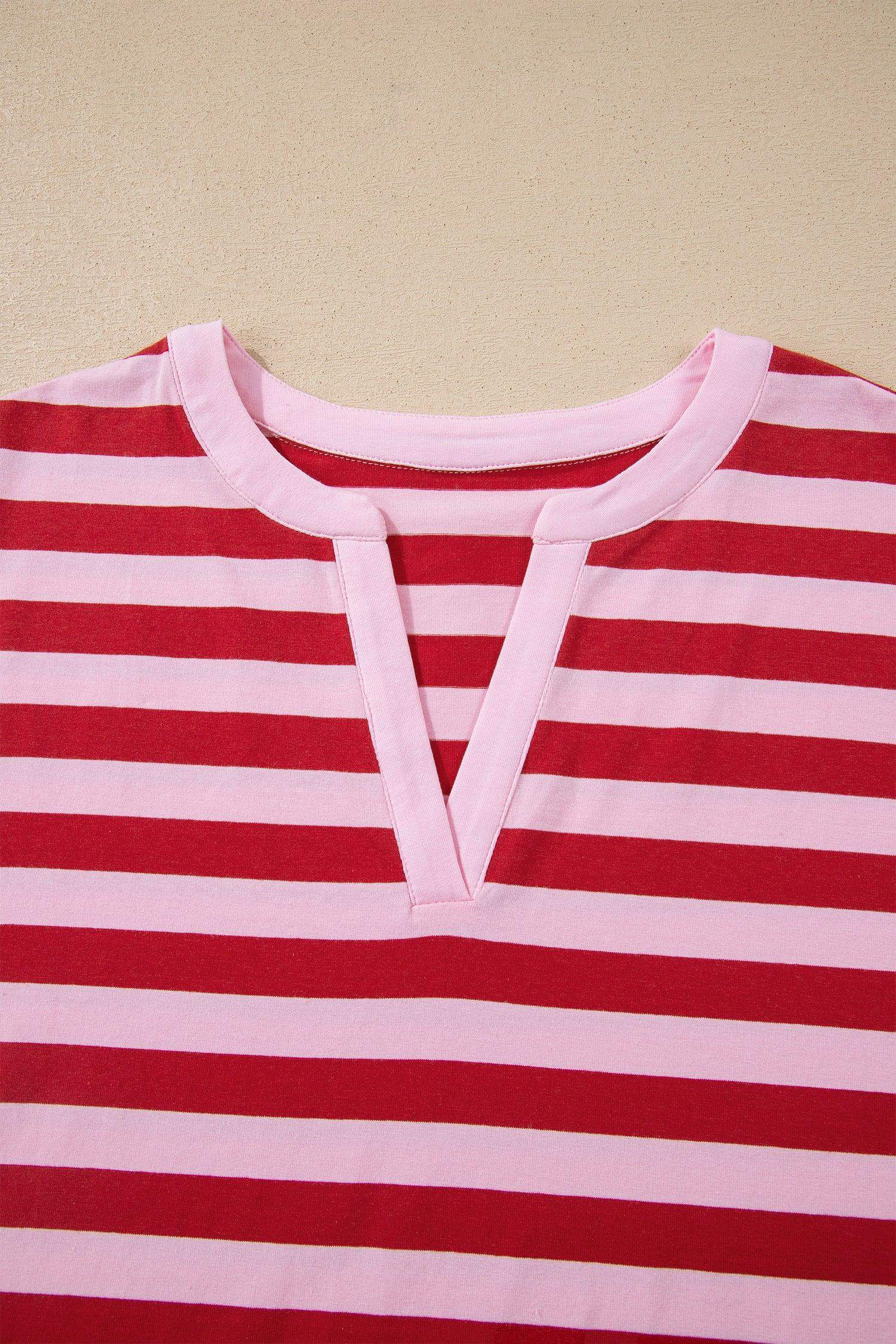 Pink Stripe Split V Neck Casual T Shirt