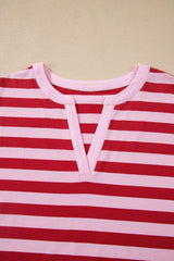 Pink Stripe Split V Neck Casual T Shirt