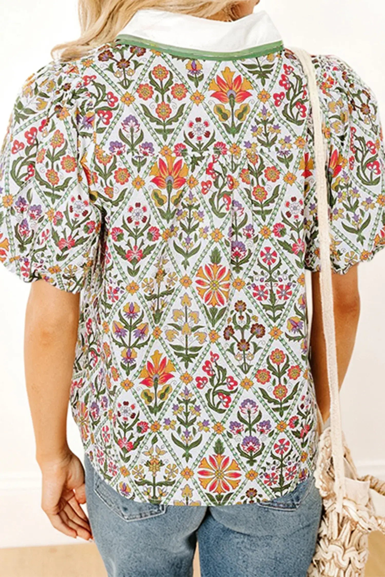 Green Short Bubble Sleeve Floral Shirt
