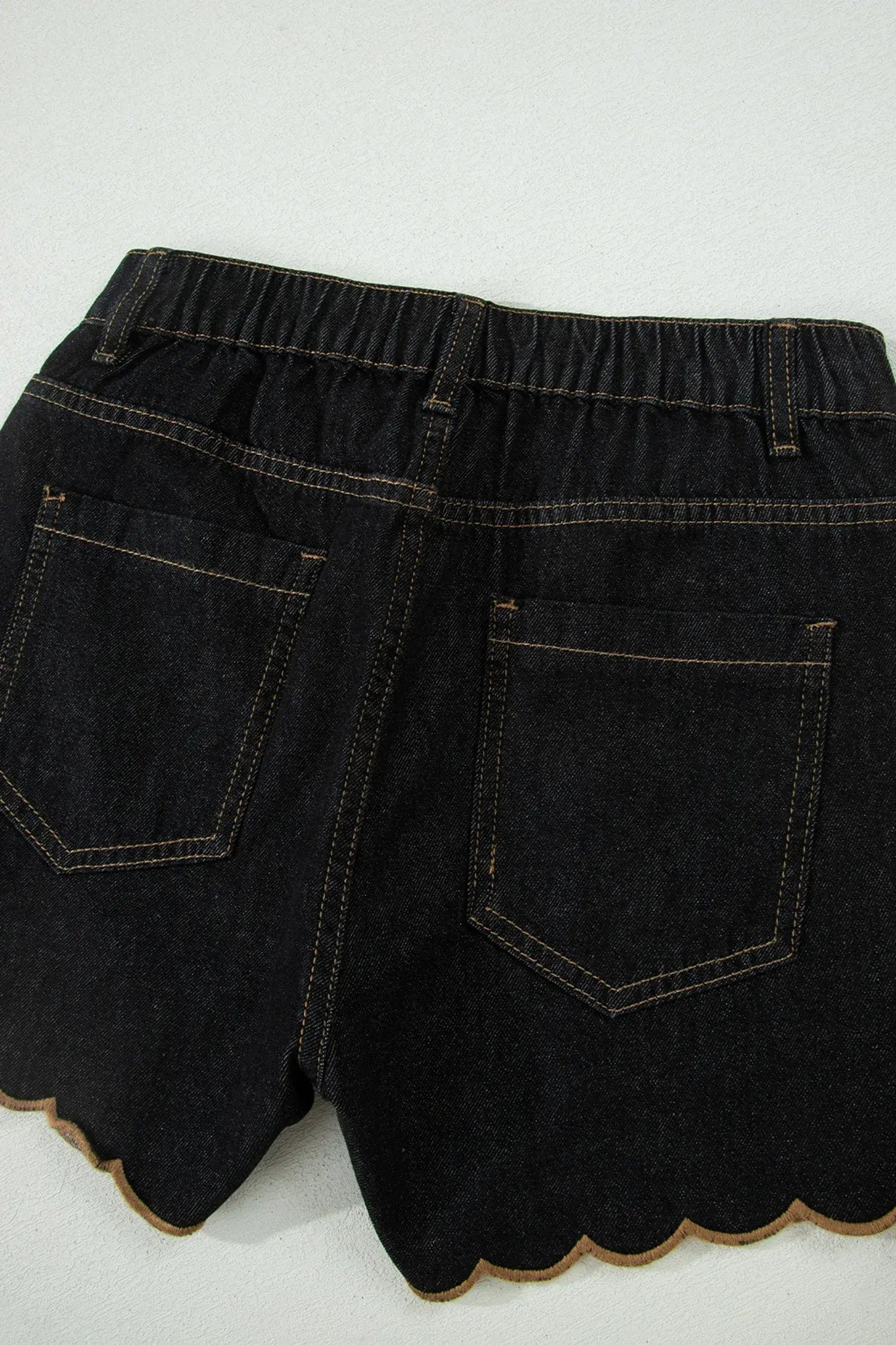Navy Blue Embroidered Scalloped Trim Relaxed Denim Shorts