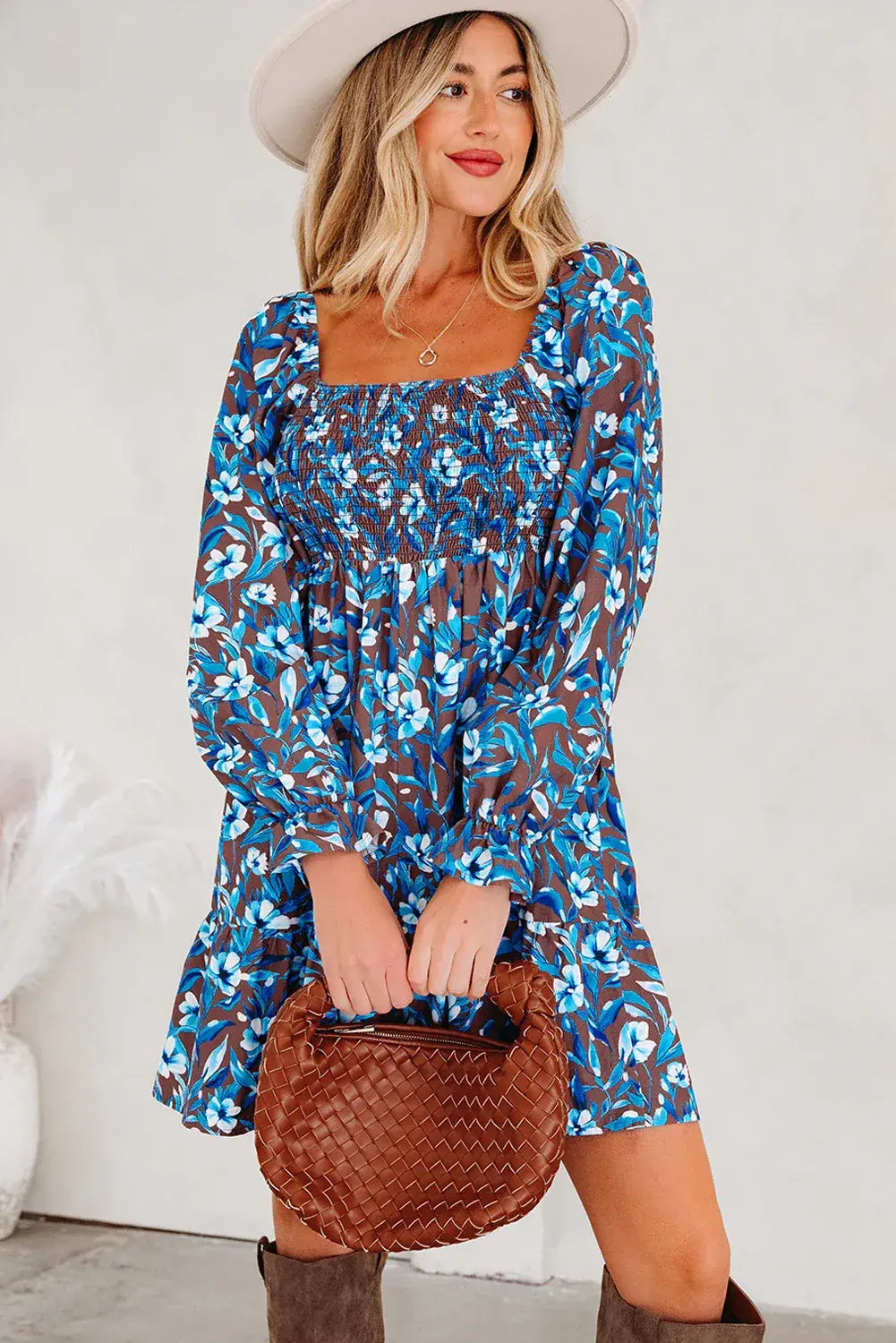 Blue Smocked Bodice High Waist Ruffled Sleeve Floral Dress