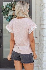 Light Pink Twilled Print Lace Trim Ruffled Short Sleeve Blouse