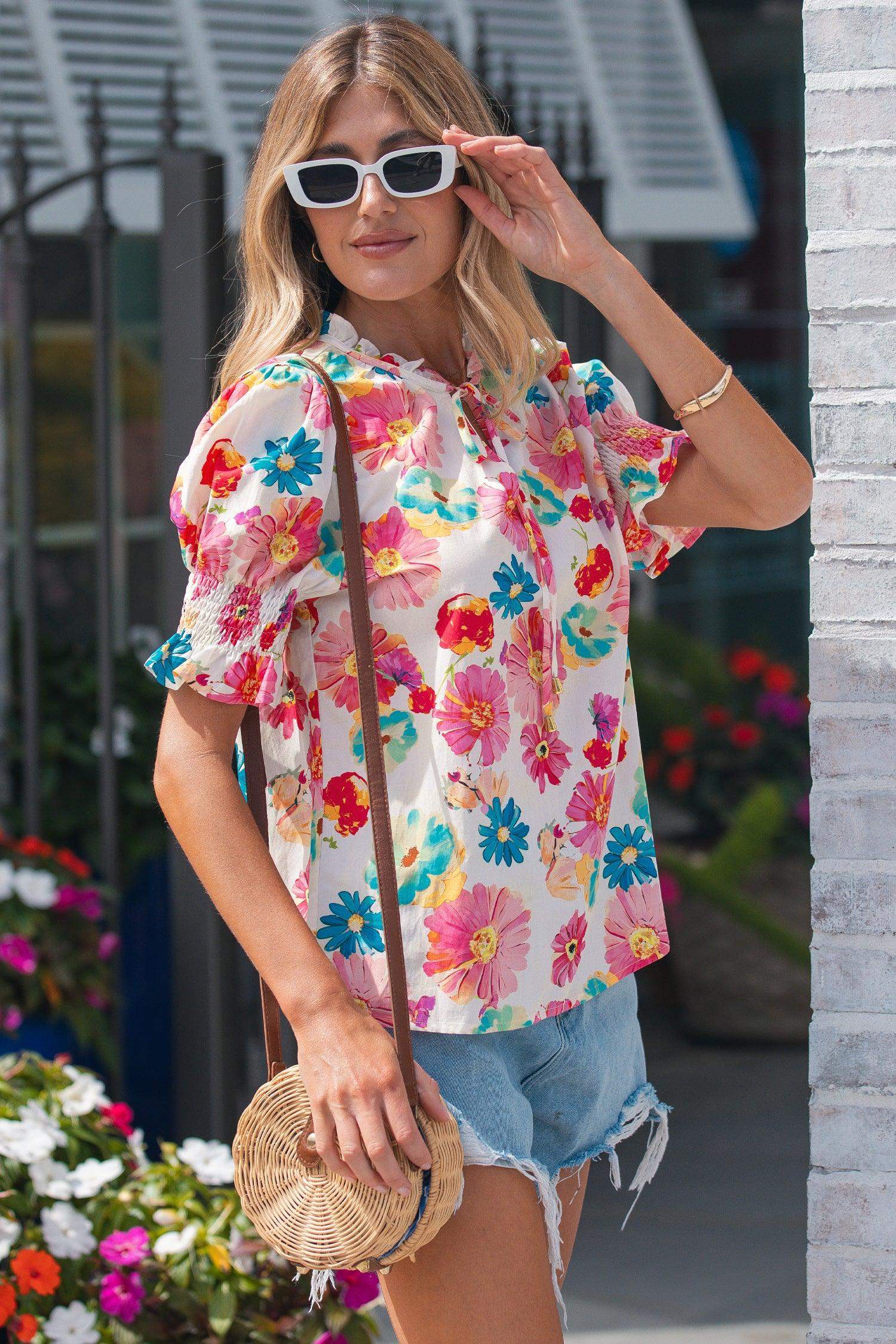 Beige Vibrant Summer Floral Tie V Neck Short Puff Sleeve Blouse