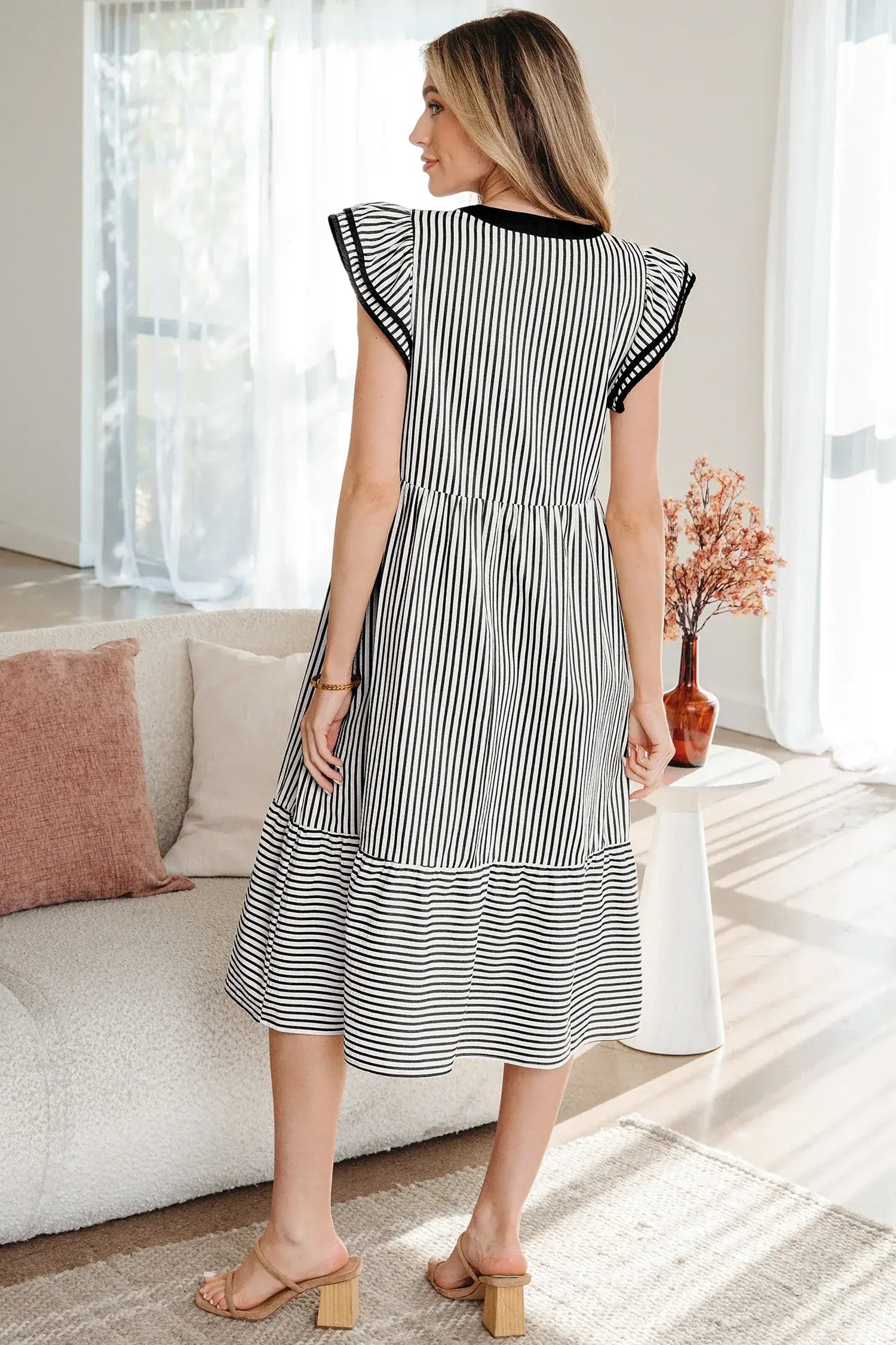 Green Stripe Double Ruffled Short Sleeve Contrast Trim V Neck Midi Dress