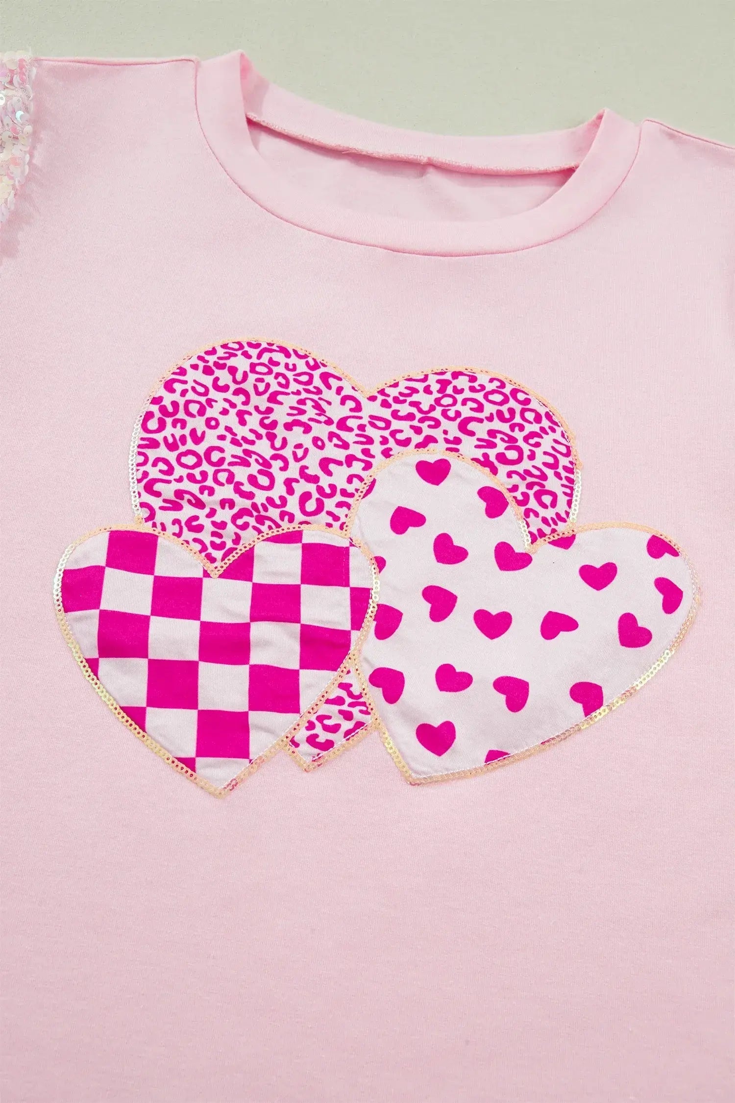 Light Pink Three Sweet Hearts Printed Sequin Trim Contrast Sleeve Patchwork Tee