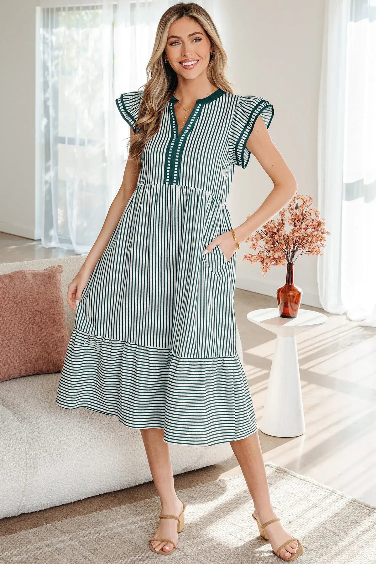 Green Stripe Double Ruffled Short Sleeve Contrast Trim V Neck Midi Dress