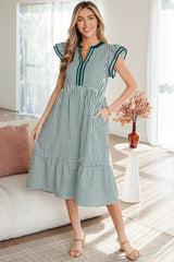 Green Stripe Double Ruffled Short Sleeve Contrast Trim V Neck Midi Dress